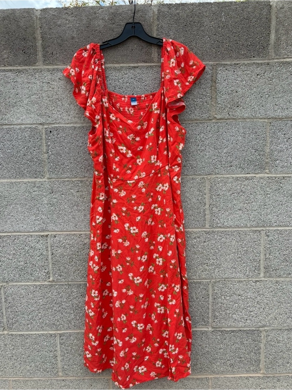 Old Navy Dress 2X MIDI A-Line Red Floral Cottagecore Smocked Back Front Slit